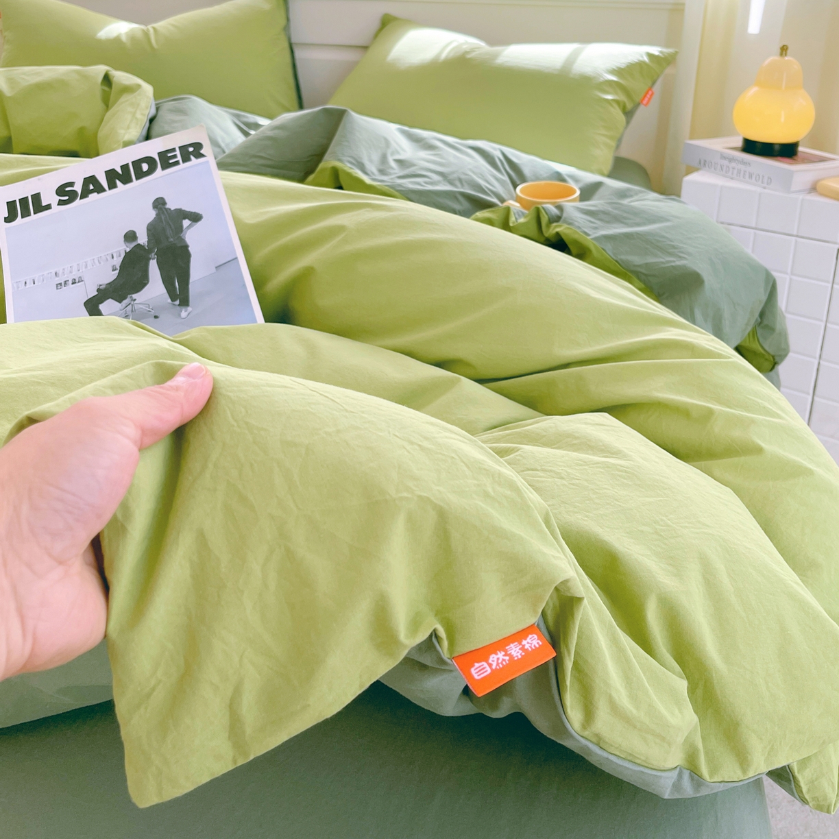 91家纺网 家纺一手货源 找家纺 春皖家纺 2026春夏新款双拼全棉纯棉水洗棉四件套 果绿-墨绿