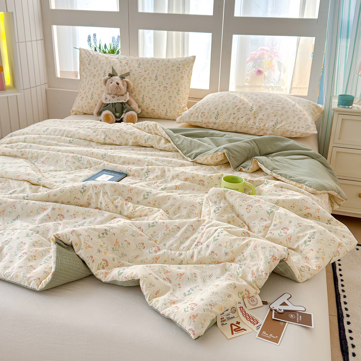 91家纺网 家纺一手货源 找家纺 弗苓家纺 2026新款A类云感有氧双层纱夏被夏凉被 春日小花