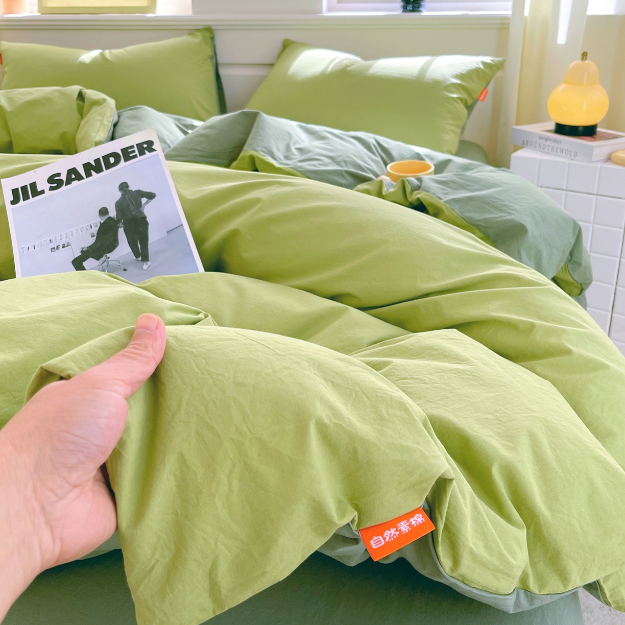 91家纺网 家纺一手货源 找家纺 春皖家纺 2026春夏新款双拼全棉纯棉水洗棉四件套 果绿-墨绿