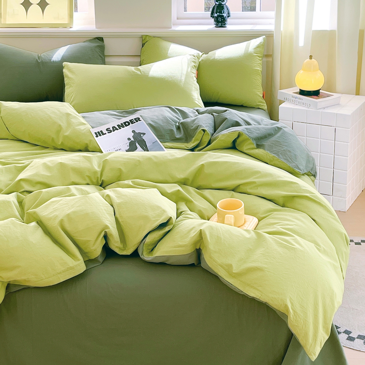 91家纺网 家纺一手货源 找家纺 春皖家纺 2026春夏新款双拼全棉纯棉水洗棉四件套 果绿-墨绿