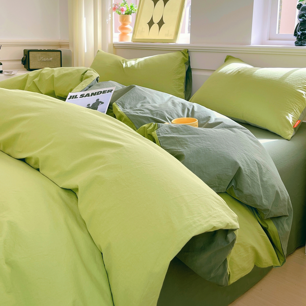 91家纺网 家纺一手货源 找家纺 春皖家纺 2026春夏新款双拼全棉纯棉水洗棉四件套 果绿-墨绿