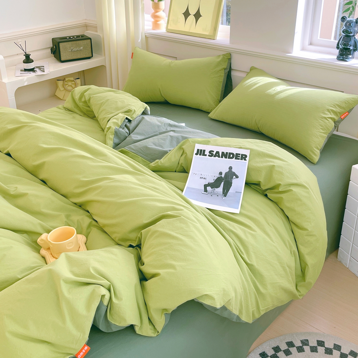 91家纺网 家纺一手货源 找家纺 春皖家纺 2026春夏新款双拼全棉纯棉水洗棉四件套 果绿-墨绿