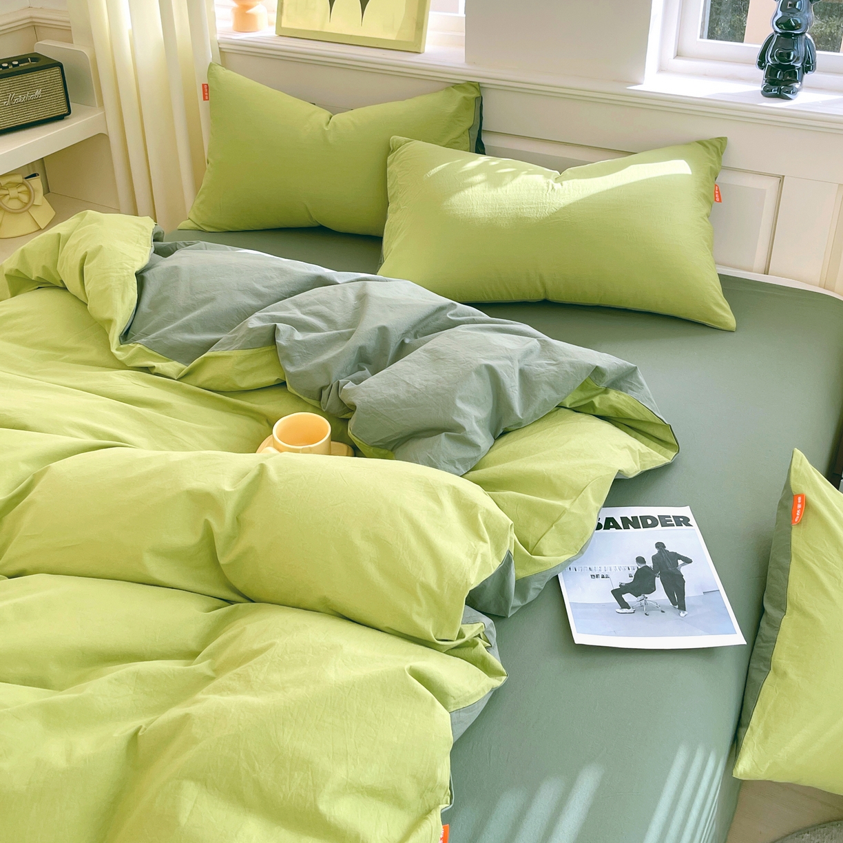 91家纺网 家纺一手货源 找家纺 春皖家纺 2026春夏新款双拼全棉纯棉水洗棉四件套 果绿-墨绿