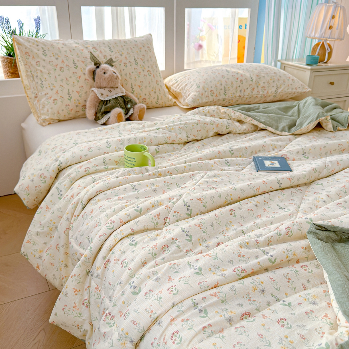 91家纺网 家纺一手货源 找家纺 弗苓家纺 2026新款A类云感有氧双层纱夏被夏凉被 春日小花