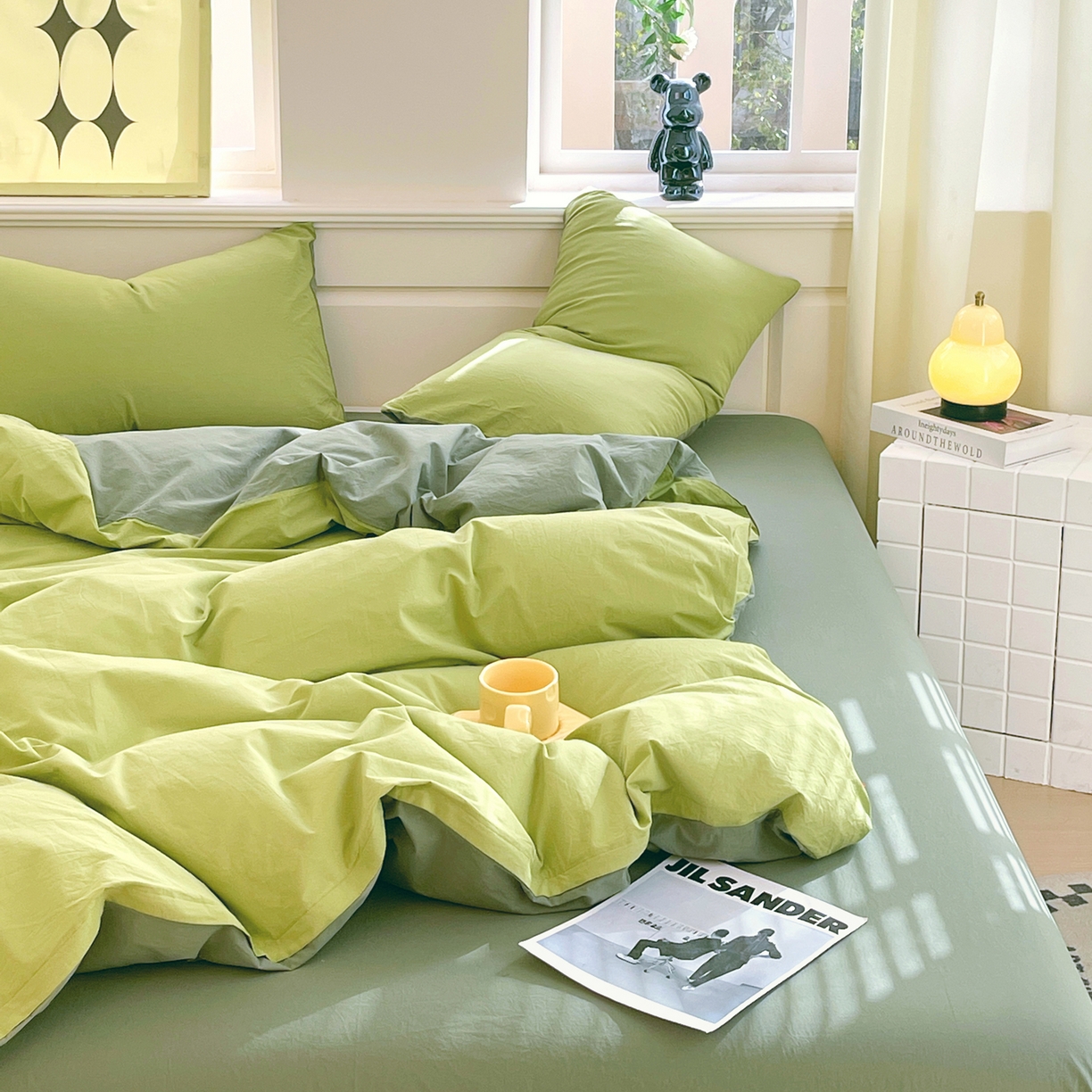 91家纺网 家纺一手货源 找家纺 春皖家纺 2026春夏新款双拼全棉纯棉水洗棉四件套 果绿-墨绿