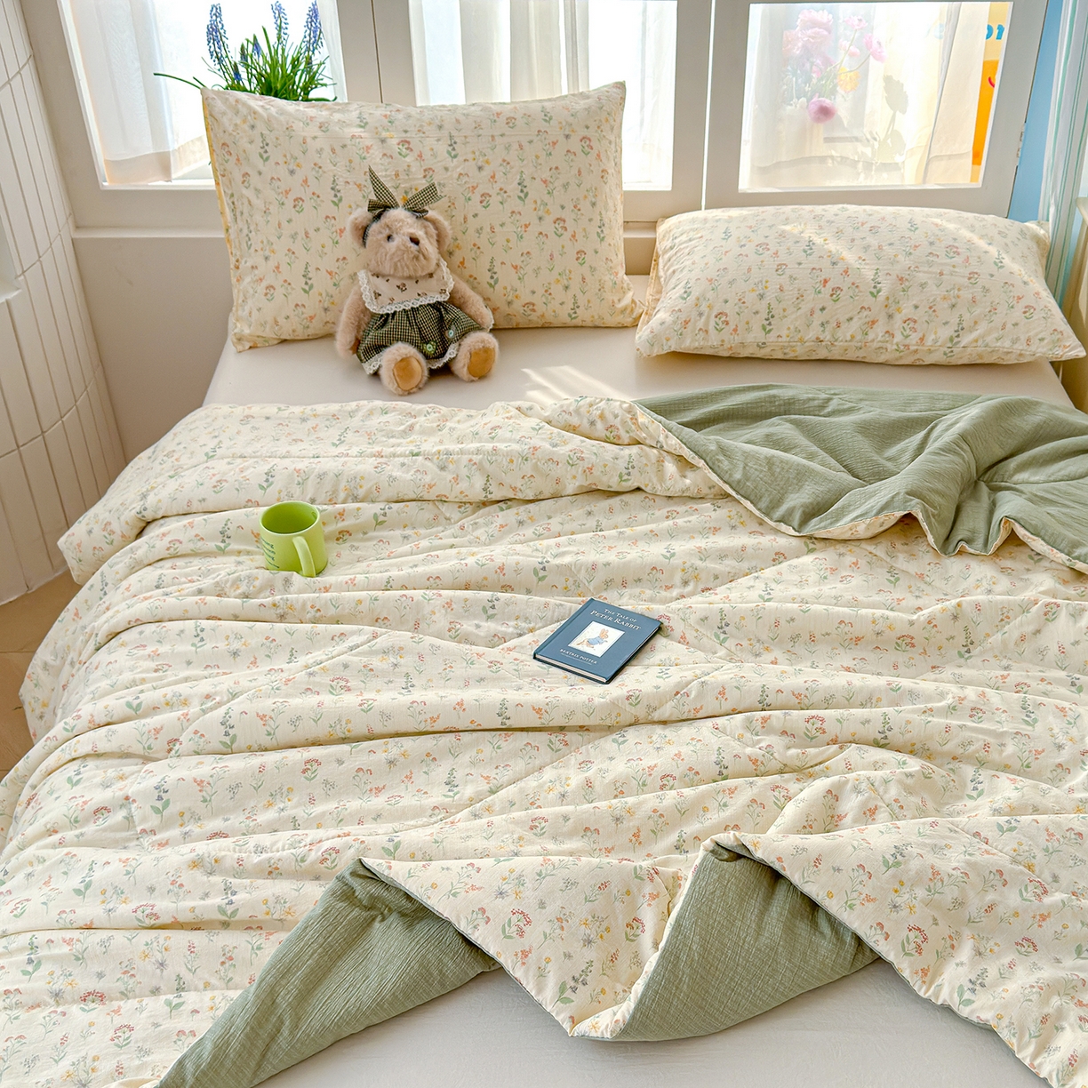 91家纺网 家纺一手货源 找家纺 弗苓家纺 2026新款A类云感有氧双层纱夏被夏凉被 春日小花