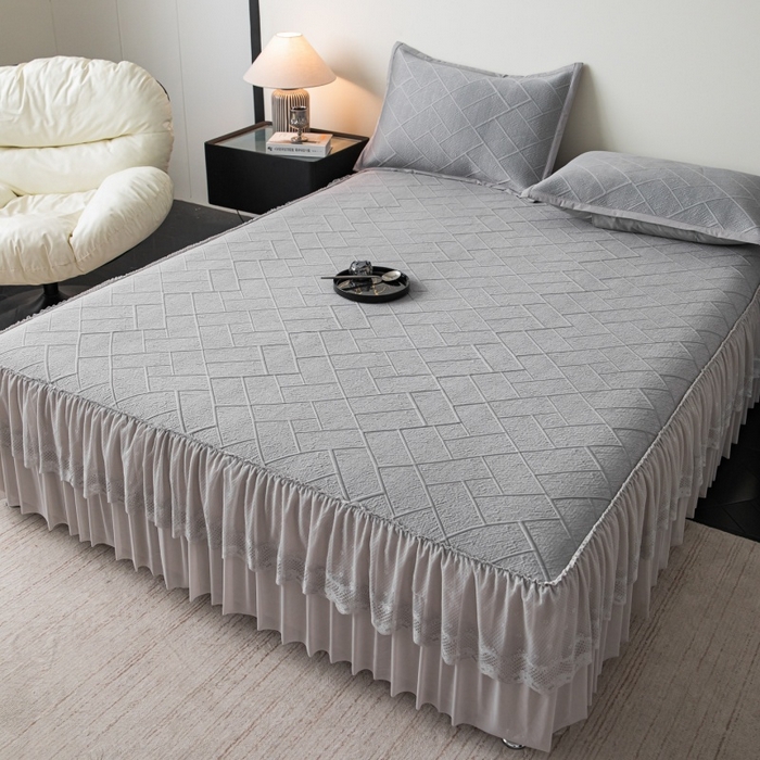 91家纺网 家纺一手货源 找家纺 （总）栩裕纺织 2026新款清纱菱纹床裙款豆豆席凉席,樱花粉,薄荷绿,高级灰,卡其色