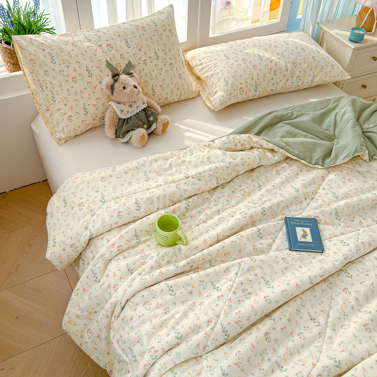 91家纺网 家纺一手货源 找家纺 弗苓家纺 2026新款A类云感有氧双层纱夏被夏凉被 春日小花