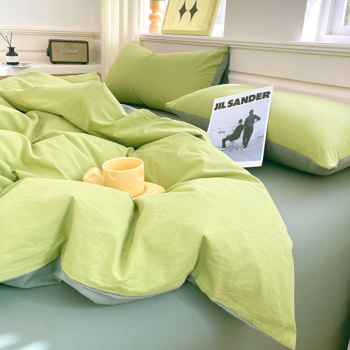 91家纺网 家纺一手货源 找家纺 春皖家纺 2026春夏新款双拼全棉纯棉水洗棉四件套 果绿-墨绿