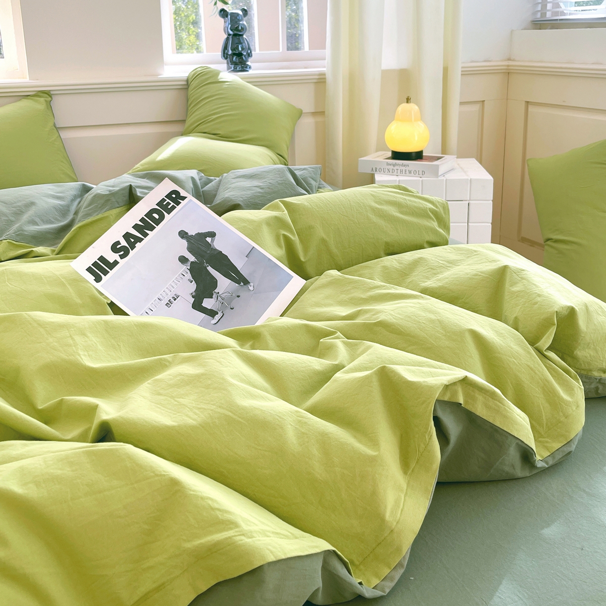 91家纺网 家纺一手货源 找家纺 春皖家纺 2026春夏新款双拼全棉纯棉水洗棉四件套 果绿-墨绿