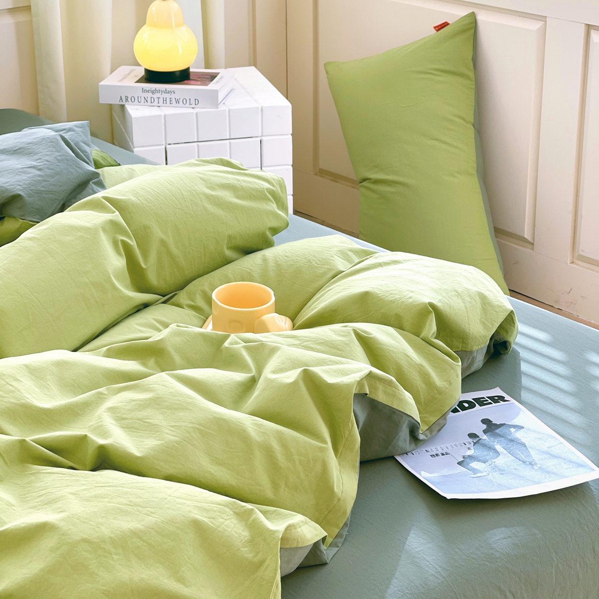 91家纺网 家纺一手货源 找家纺 春皖家纺 2026春夏新款双拼全棉纯棉水洗棉四件套 果绿-墨绿