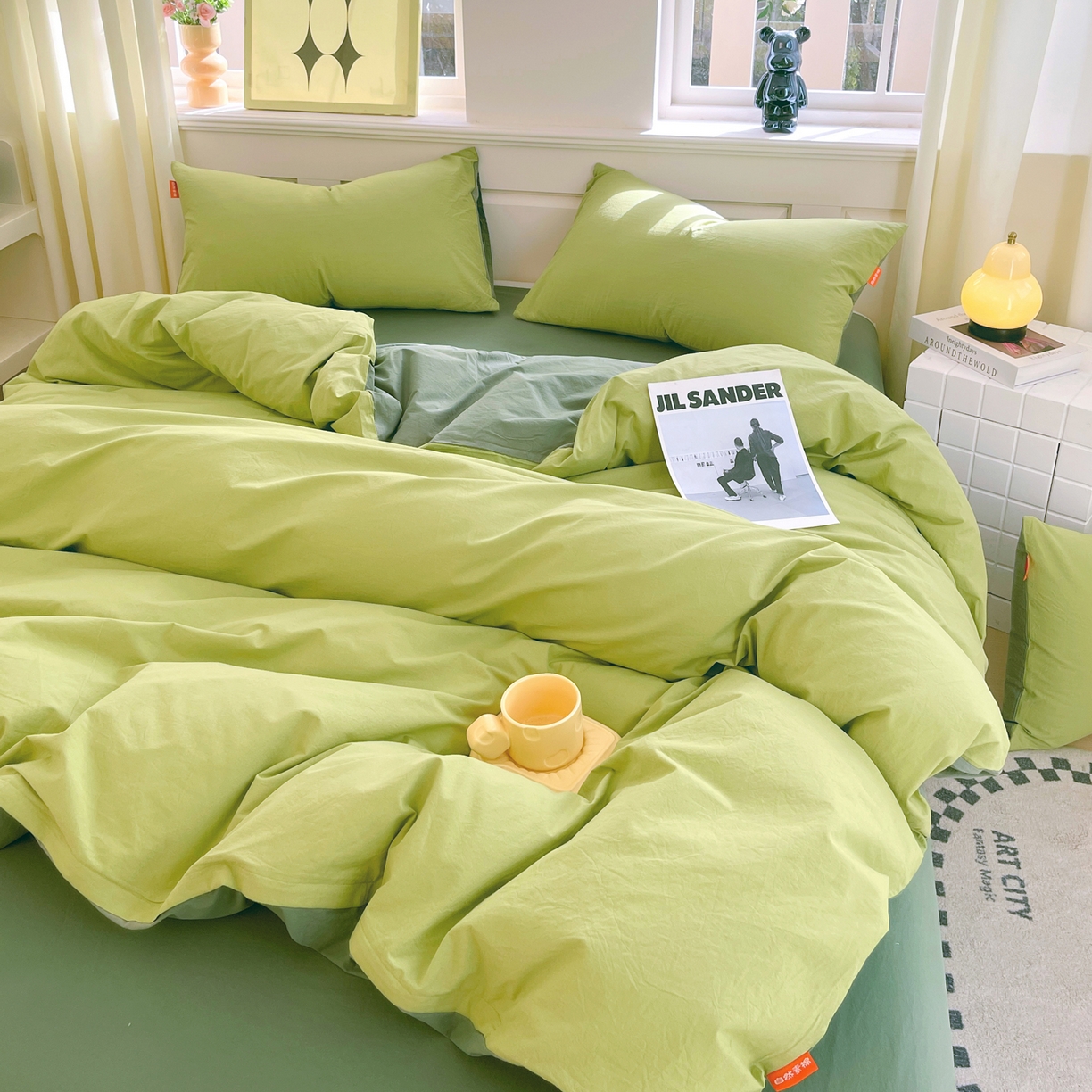 91家纺网 家纺一手货源 找家纺 春皖家纺 2026春夏新款双拼全棉纯棉水洗棉四件套 果绿-墨绿