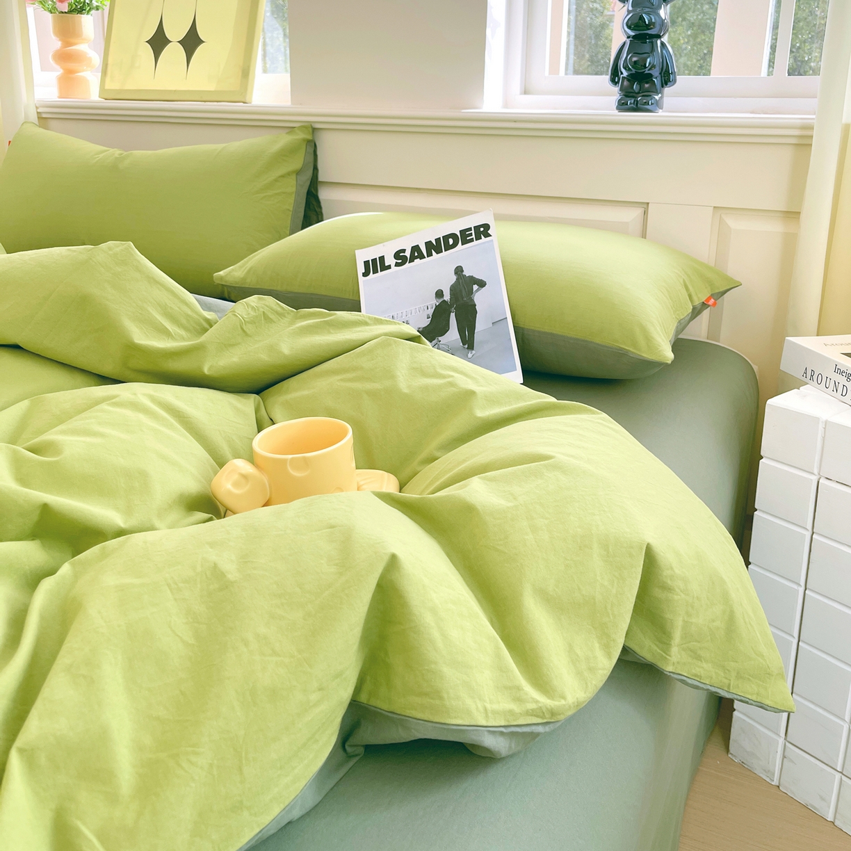 91家纺网 家纺一手货源 找家纺 春皖家纺 2026春夏新款双拼全棉纯棉水洗棉四件套 果绿-墨绿