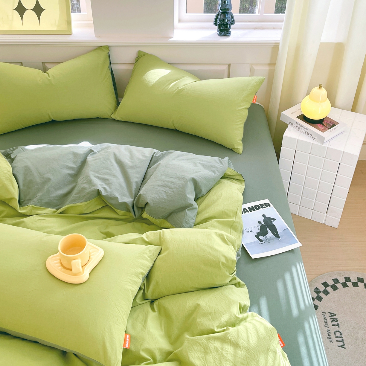 91家纺网 家纺一手货源 找家纺 春皖家纺 2026春夏新款双拼全棉纯棉水洗棉四件套 果绿-墨绿