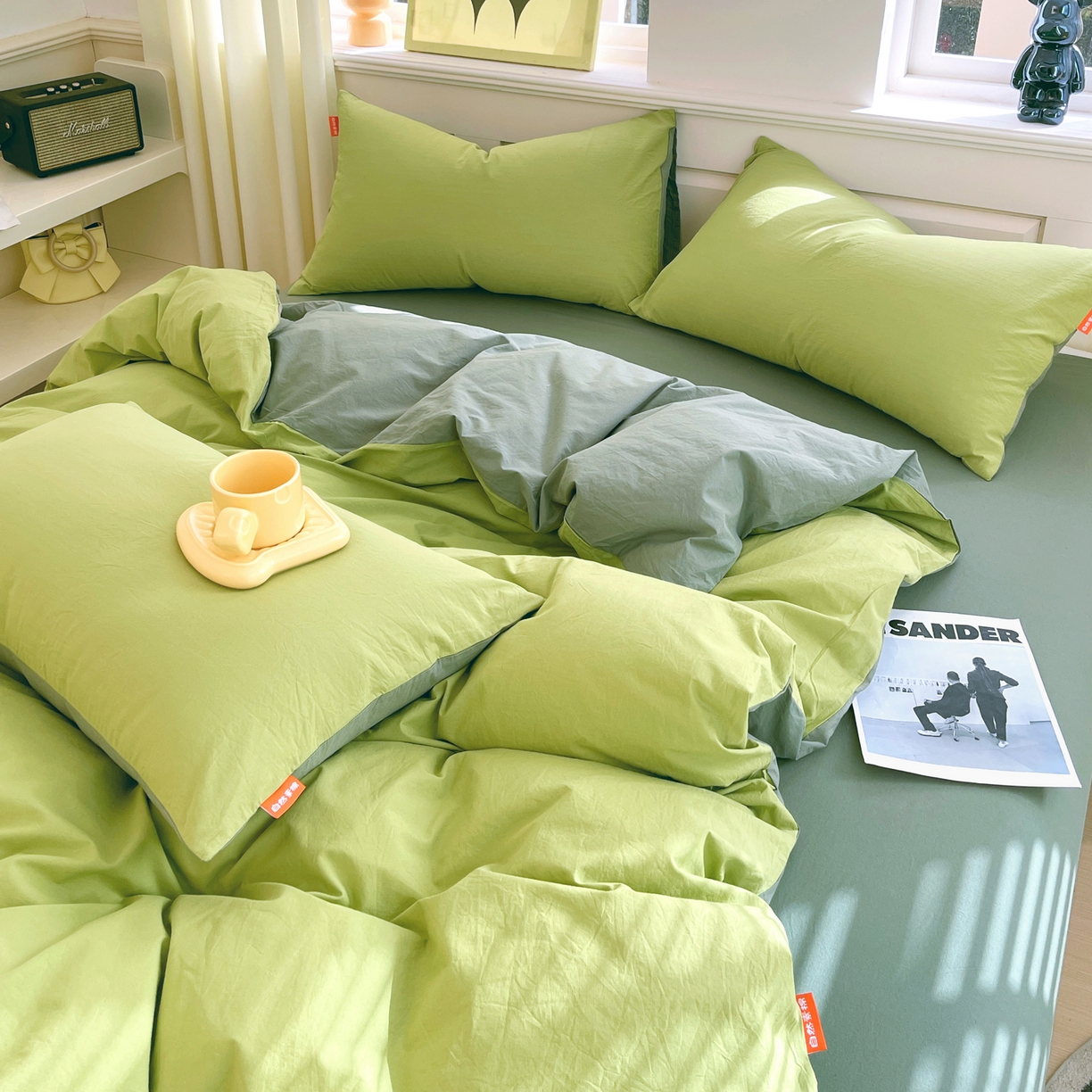 91家纺网 家纺一手货源 找家纺 春皖家纺 2026春夏新款双拼全棉纯棉水洗棉四件套 果绿-墨绿