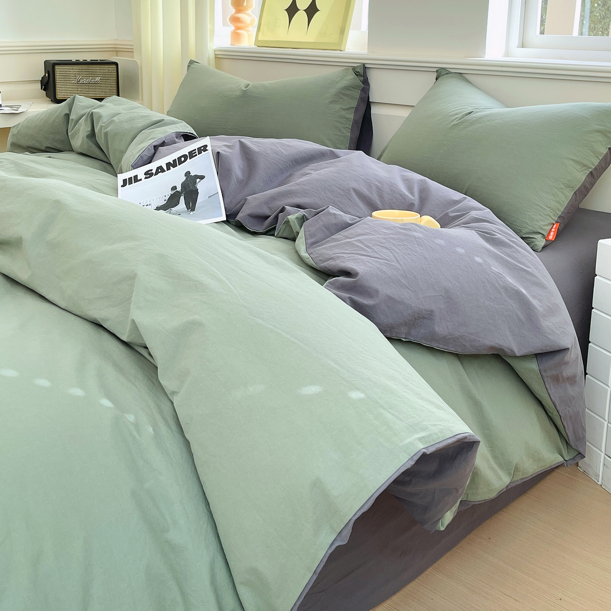 春皖家纺 2026春夏新款双拼全棉纯棉水洗棉四件套 墨绿-深灰