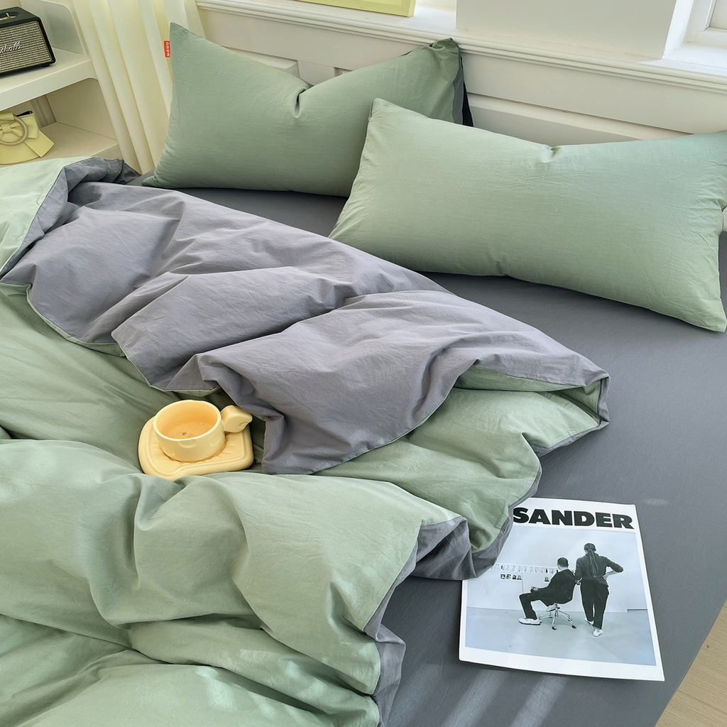 91家纺网 家纺一手货源 找家纺 春皖家纺 2026春夏新款双拼全棉纯棉水洗棉四件套 墨绿-深灰