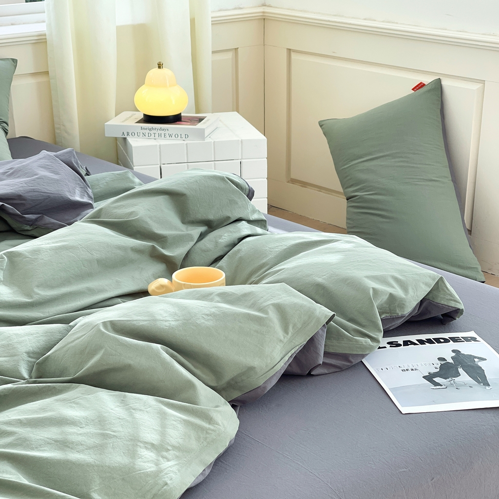 91家纺网 家纺一手货源 找家纺 春皖家纺 2026春夏新款双拼全棉纯棉水洗棉四件套 墨绿-深灰