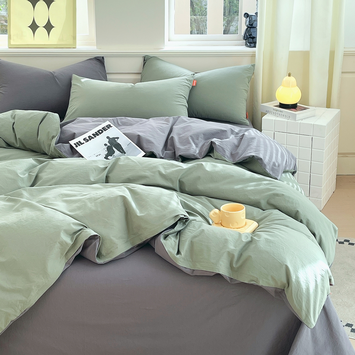 91家纺网 家纺一手货源 找家纺 春皖家纺 2026春夏新款双拼全棉纯棉水洗棉四件套 墨绿-深灰