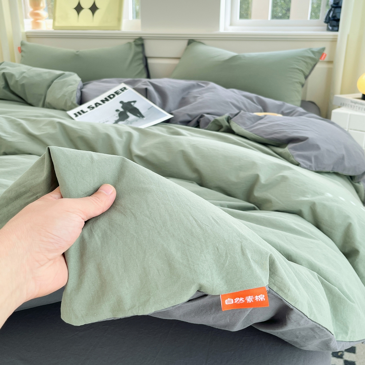 91家纺网 家纺一手货源 找家纺 春皖家纺 2026春夏新款双拼全棉纯棉水洗棉四件套 墨绿-深灰
