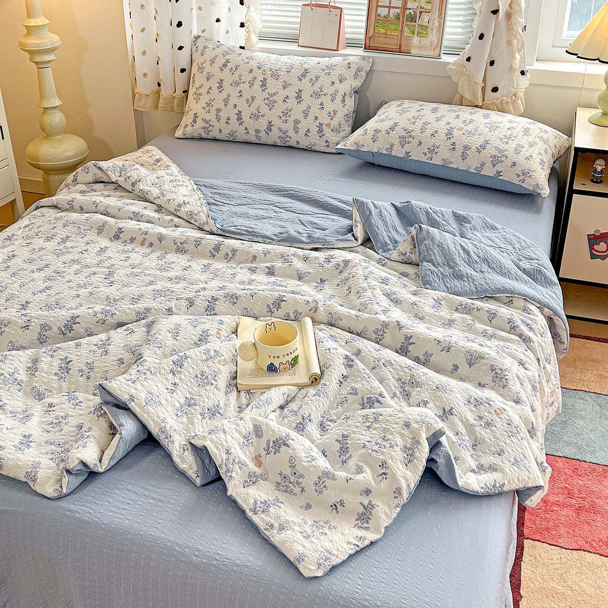 91家纺网 家纺一手货源 找家纺 （总）梦莱斯 2026新款小清新印花水洗夏被四件套-简单款