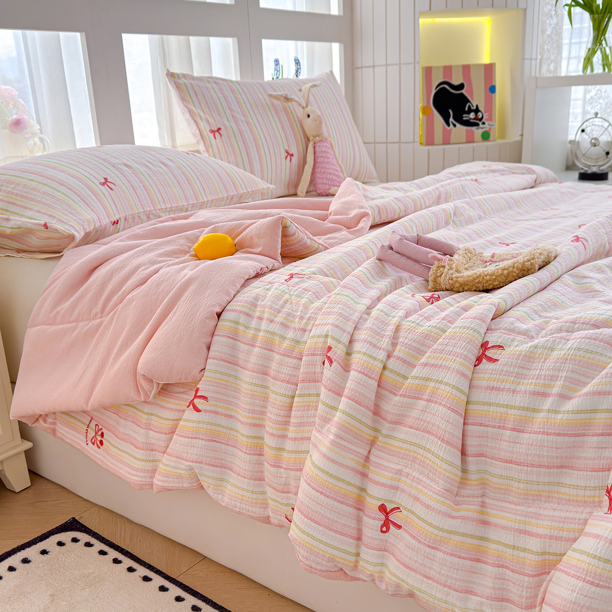 91家纺网 家纺一手货源 找家纺 弗苓家纺 2026新款A类云感有氧双层纱夏被夏凉被 奶油泡芙