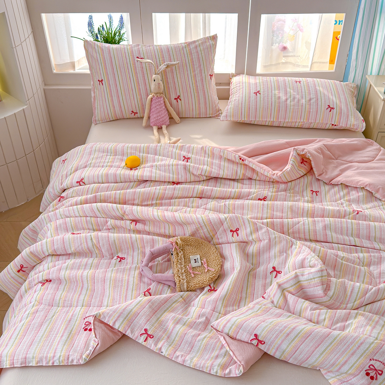 91家纺网 家纺一手货源 找家纺 弗苓家纺 2026新款A类云感有氧双层纱夏被夏凉被 奶油泡芙