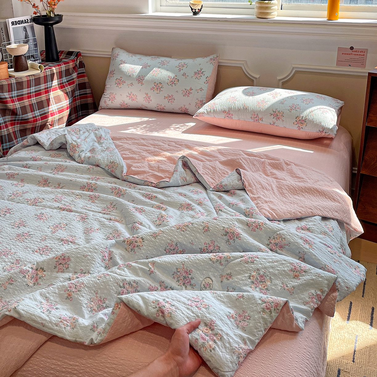 91家纺网 家纺一手货源 找家纺 （总）梦莱斯 2026新款小清新印花水洗夏被四件套-简单款