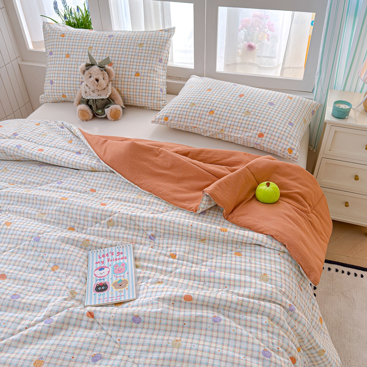 91家纺网 家纺一手货源 找家纺 弗苓家纺 2026新款A类云感有氧双层纱夏被夏凉被 小南瓜