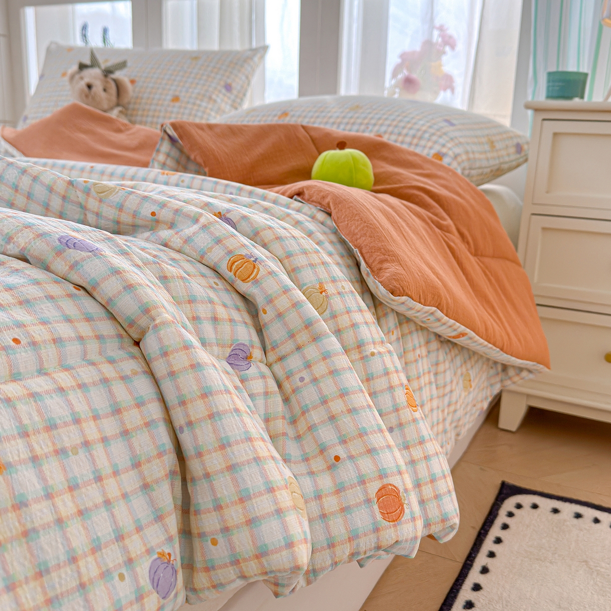 91家纺网 家纺一手货源 找家纺 弗苓家纺 2026新款A类云感有氧双层纱夏被夏凉被 小南瓜