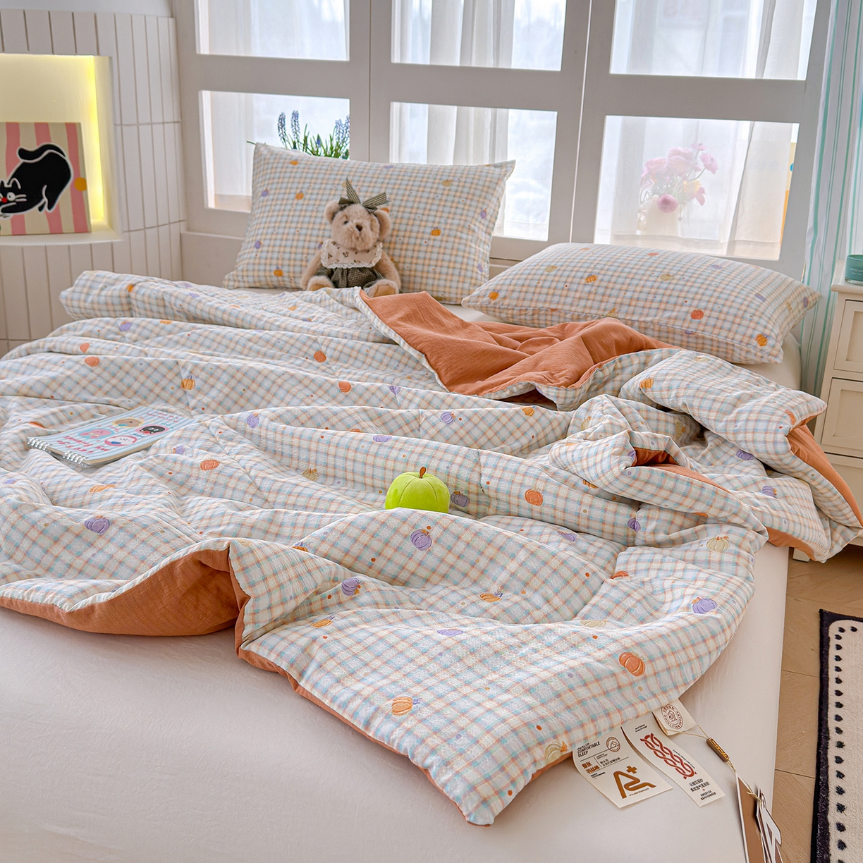 91家纺网 家纺一手货源 找家纺 弗苓家纺 2026新款A类云感有氧双层纱夏被夏凉被 小南瓜