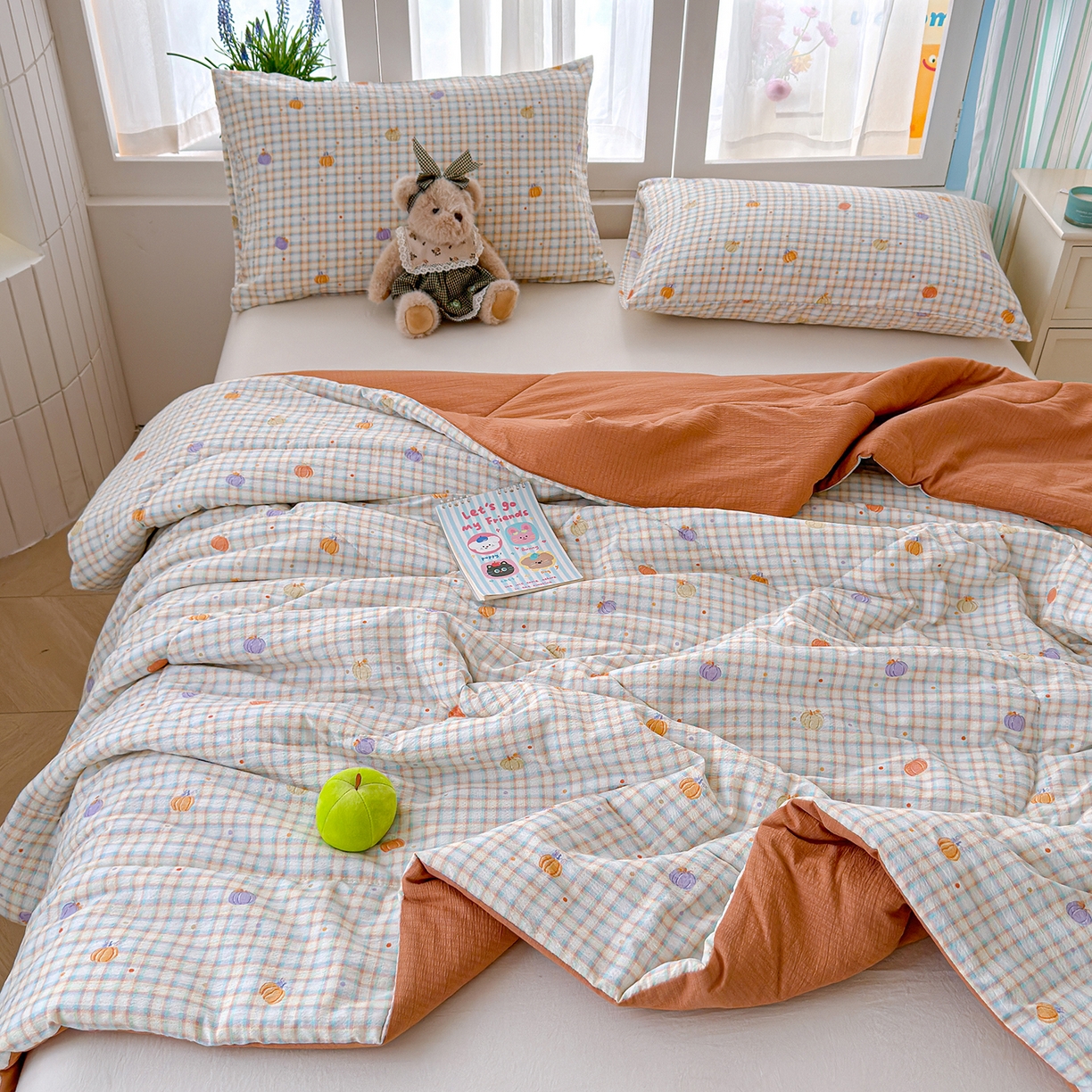 91家纺网 家纺一手货源 找家纺 弗苓家纺 2026新款A类云感有氧双层纱夏被夏凉被 小南瓜