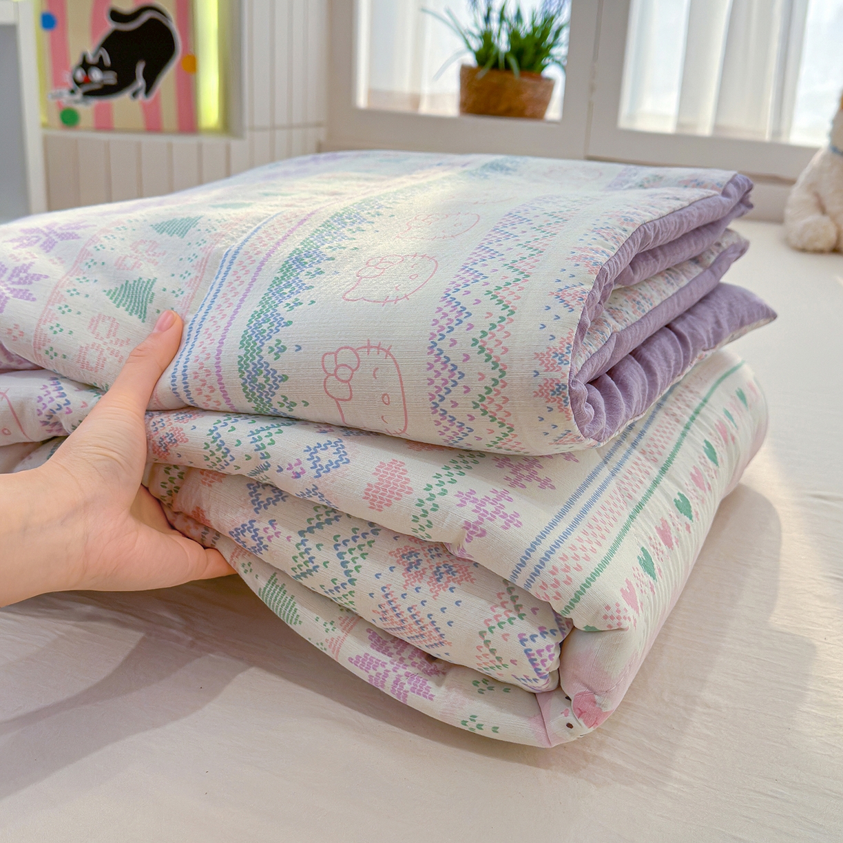 弗苓家纺 2026新款A类云感有氧双层纱夏被夏凉被 针织猫趣