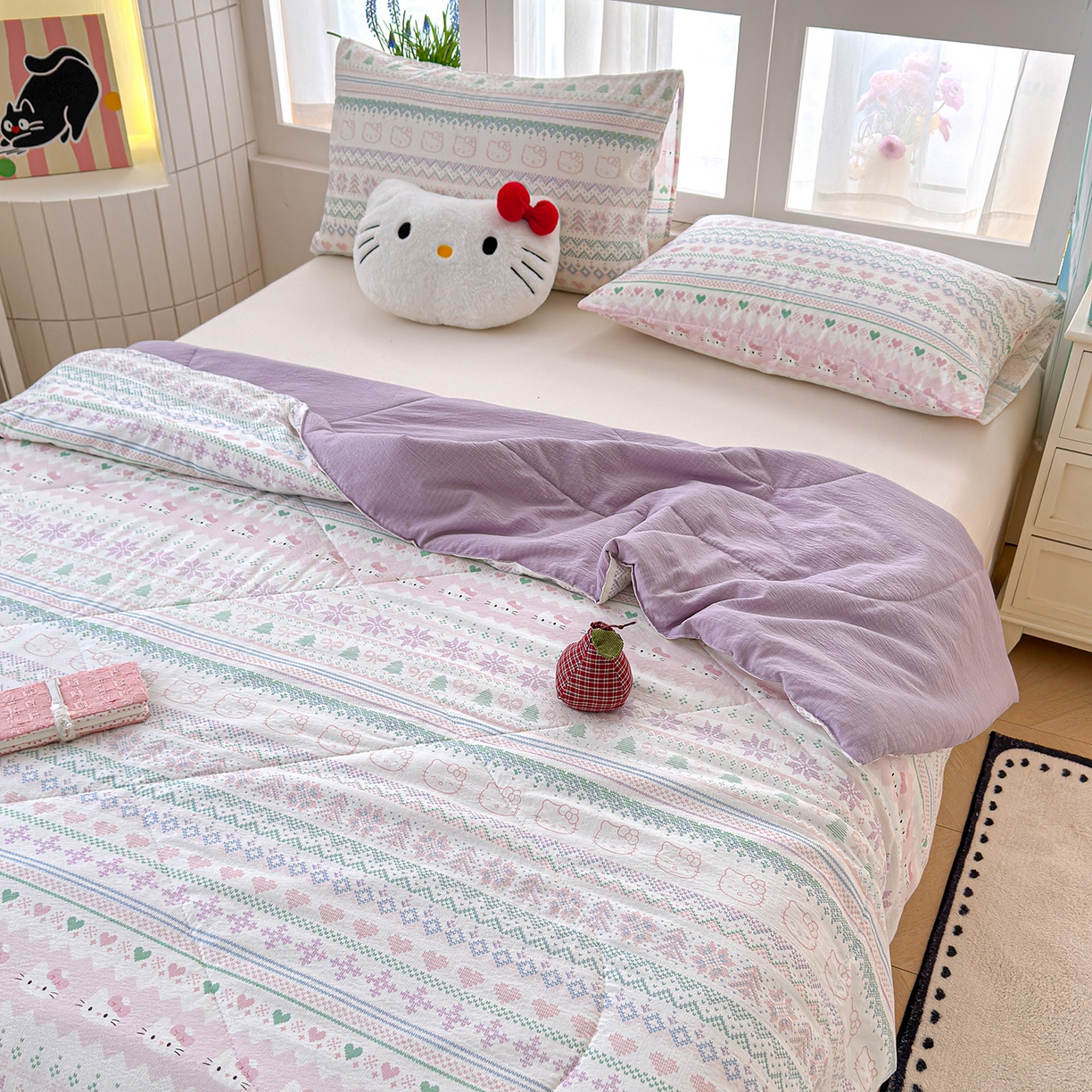 91家纺网 家纺一手货源 找家纺 弗苓家纺 2026新款A类云感有氧双层纱夏被夏凉被 针织猫趣