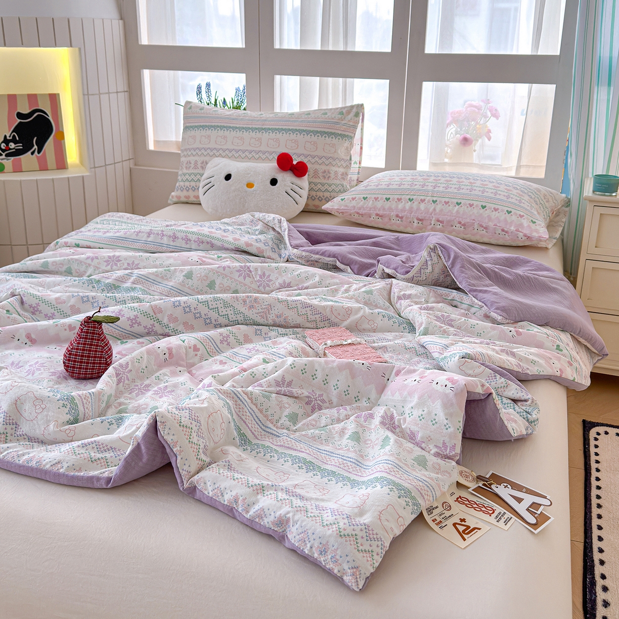 91家纺网 家纺一手货源 找家纺 弗苓家纺 2026新款A类云感有氧双层纱夏被夏凉被 针织猫趣