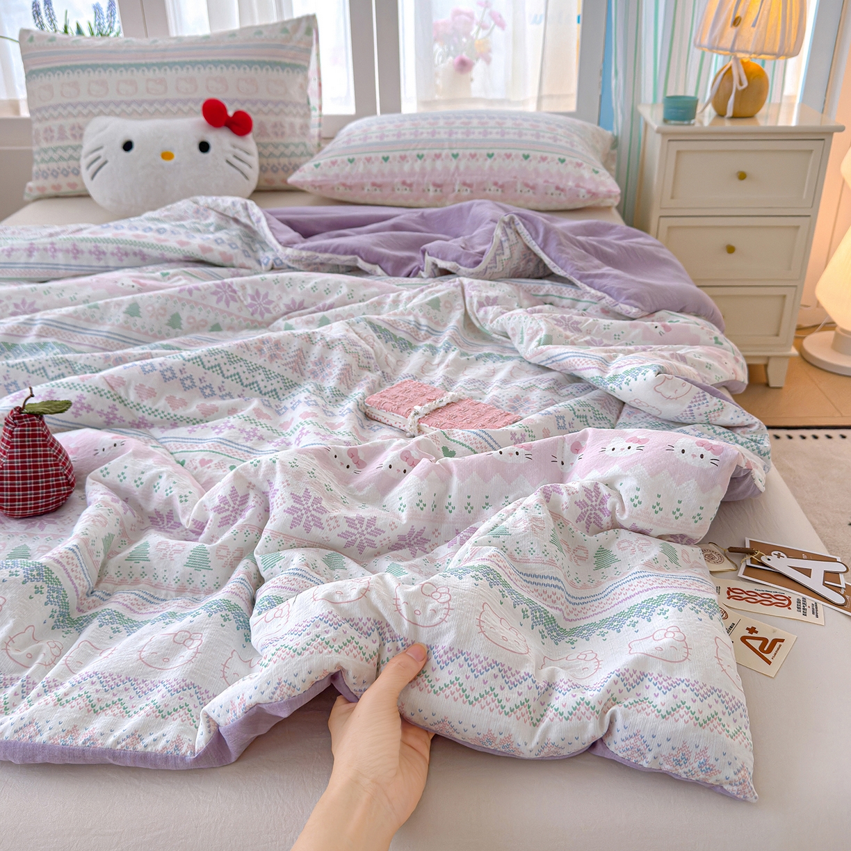 91家纺网 家纺一手货源 找家纺 弗苓家纺 2026新款A类云感有氧双层纱夏被夏凉被 针织猫趣