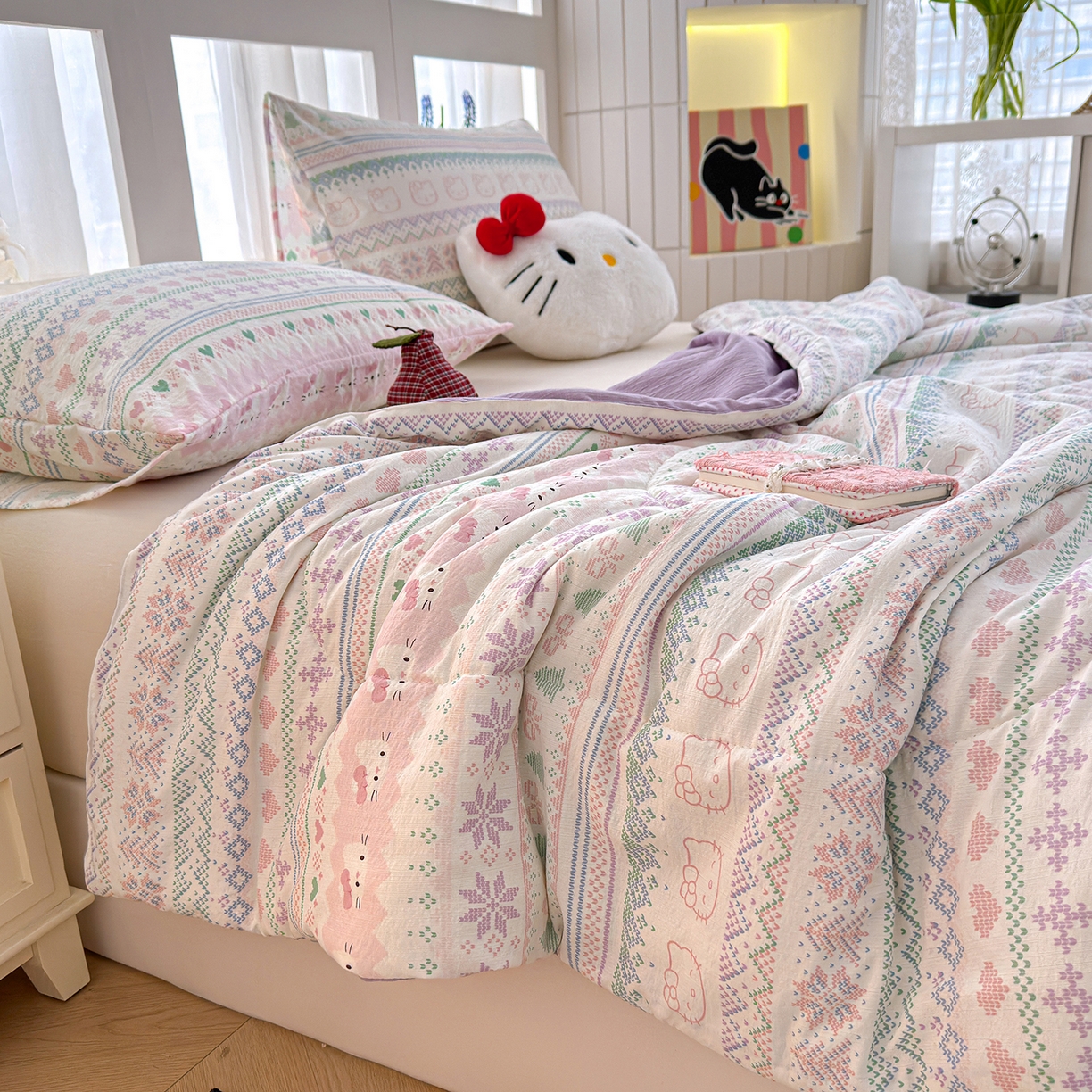 91家纺网 家纺一手货源 找家纺 弗苓家纺 2026新款A类云感有氧双层纱夏被夏凉被 针织猫趣