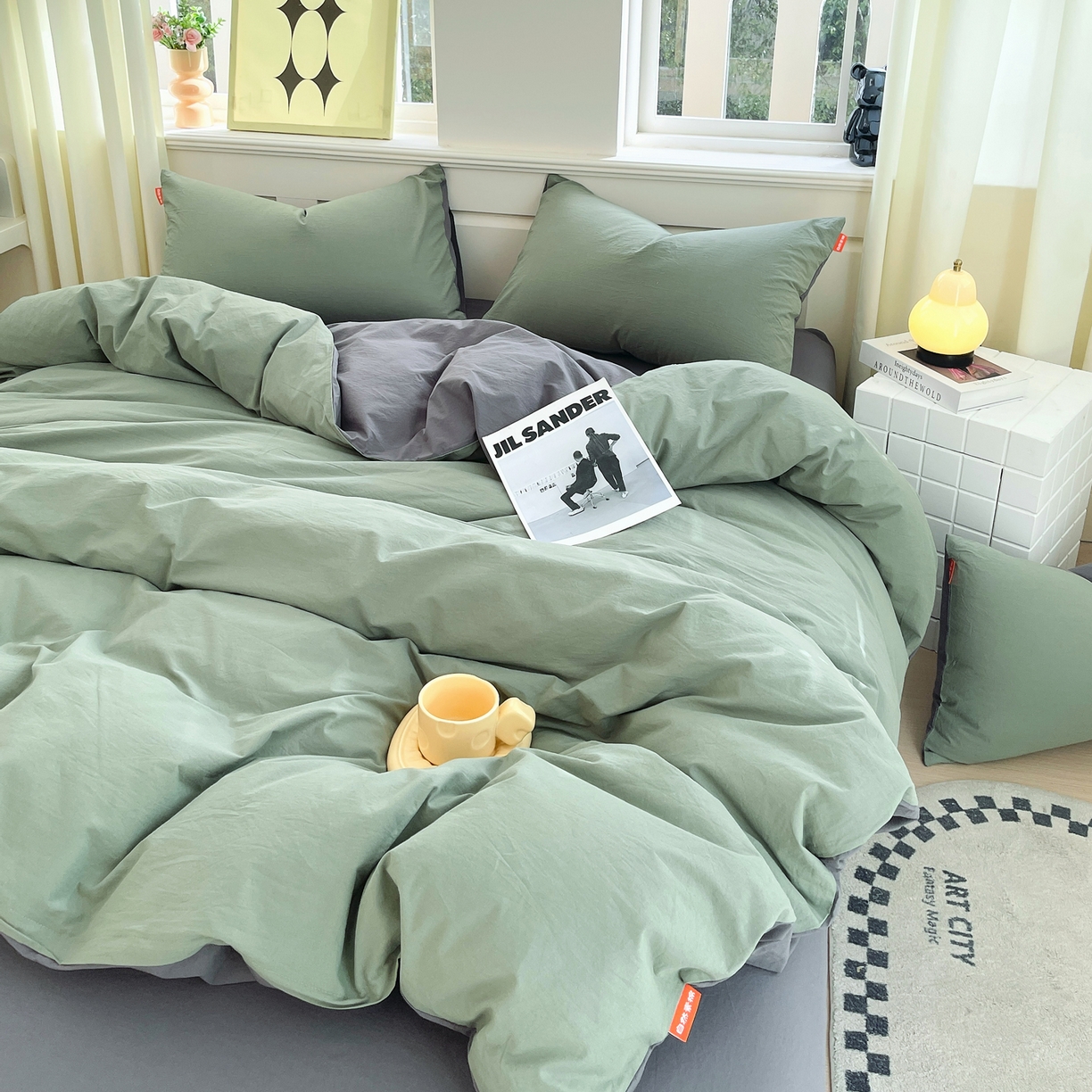 91家纺网 家纺一手货源 找家纺 春皖家纺 2026春夏新款双拼全棉纯棉水洗棉四件套 墨绿-深灰