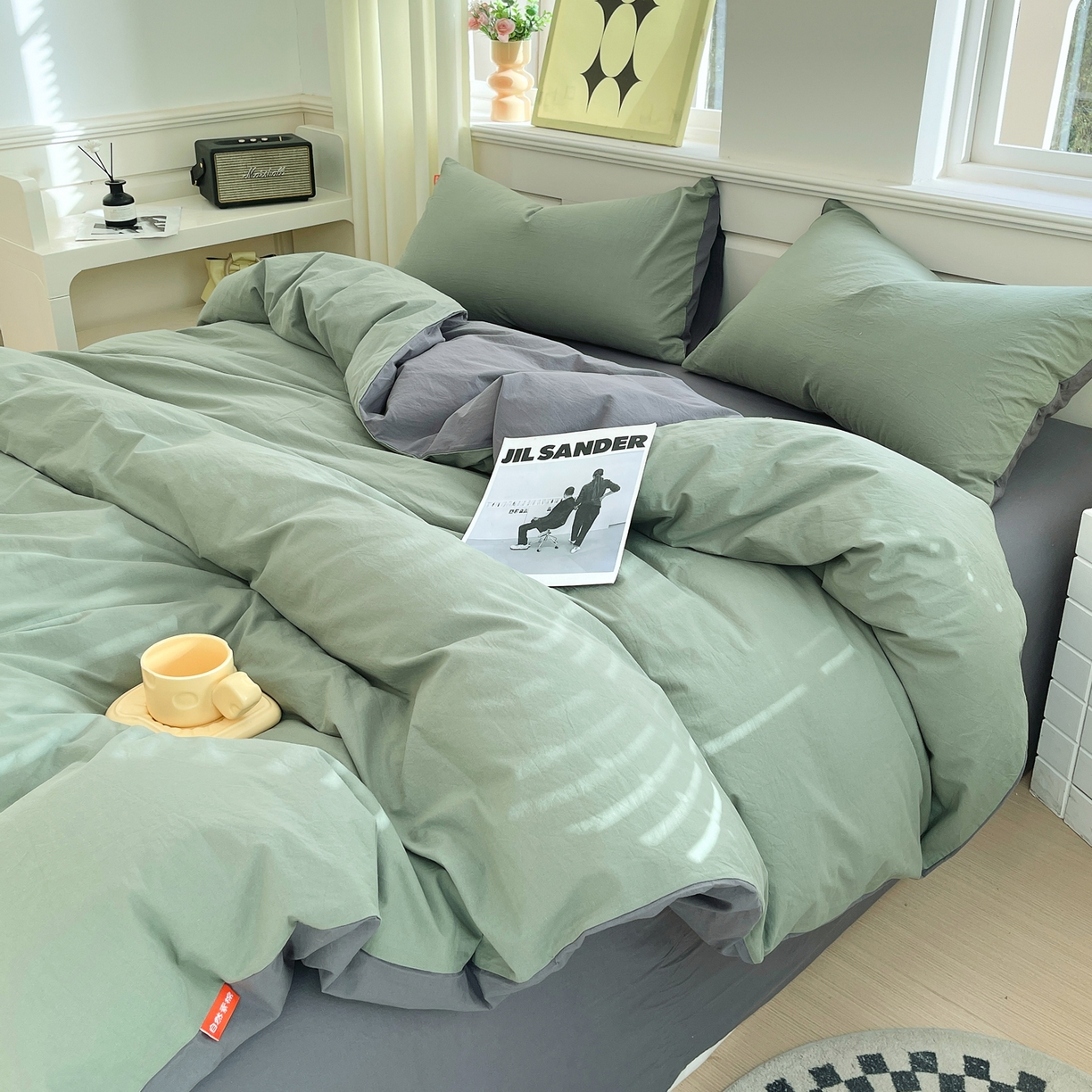 91家纺网 家纺一手货源 找家纺 春皖家纺 2026春夏新款双拼全棉纯棉水洗棉四件套 墨绿-深灰