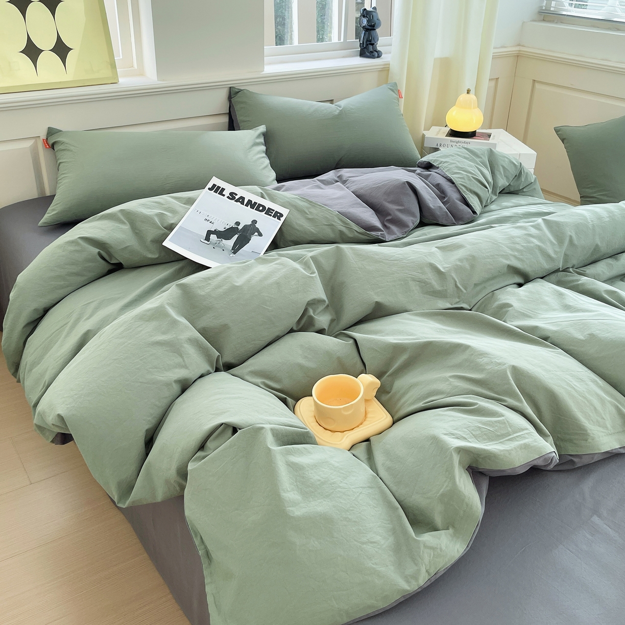 91家纺网 家纺一手货源 找家纺 春皖家纺 2026春夏新款双拼全棉纯棉水洗棉四件套 墨绿-深灰