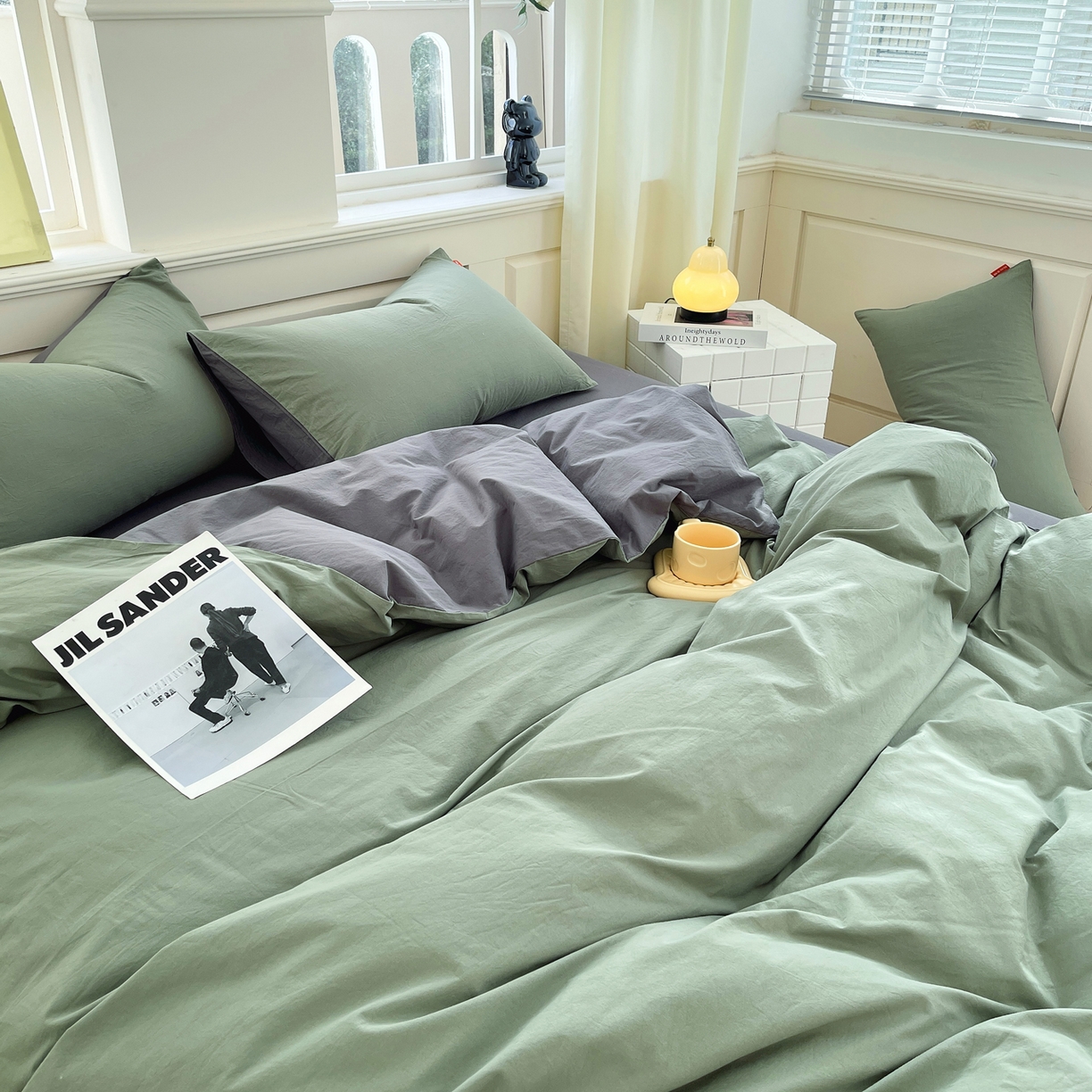 91家纺网 家纺一手货源 找家纺 春皖家纺 2026春夏新款双拼全棉纯棉水洗棉四件套 墨绿-深灰