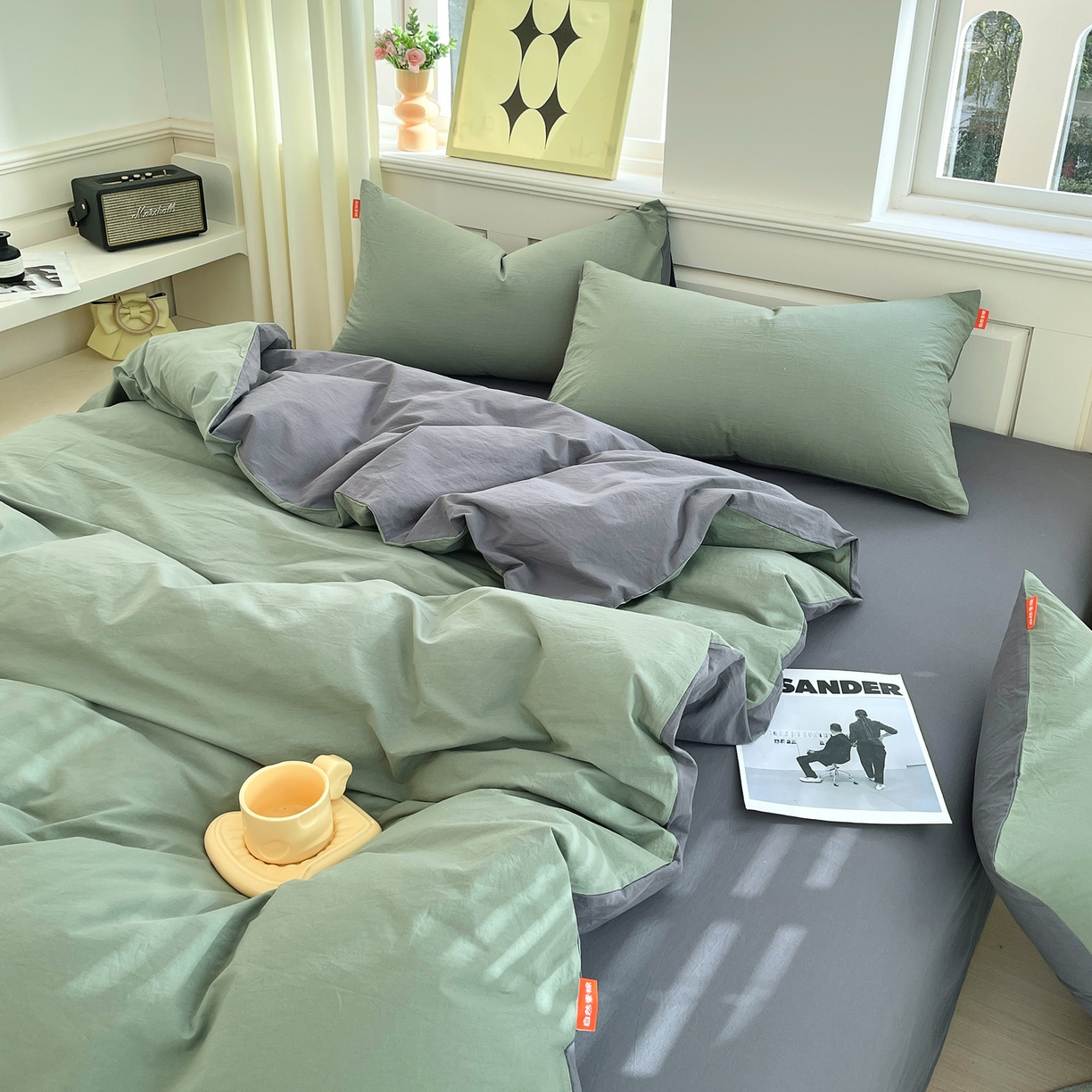 91家纺网 家纺一手货源 找家纺 春皖家纺 2026春夏新款双拼全棉纯棉水洗棉四件套 墨绿-深灰