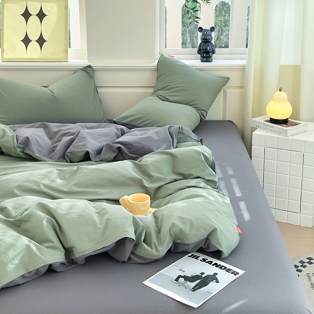 91家纺网 家纺一手货源 找家纺 春皖家纺 2026春夏新款双拼全棉纯棉水洗棉四件套 墨绿-深灰