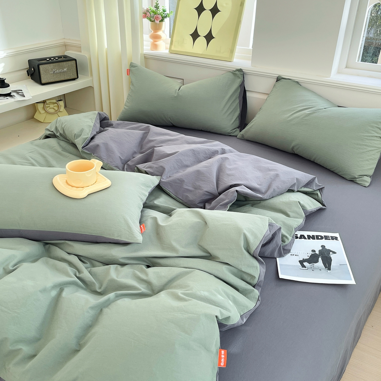 91家纺网 家纺一手货源 找家纺 春皖家纺 2026春夏新款双拼全棉纯棉水洗棉四件套 墨绿-深灰