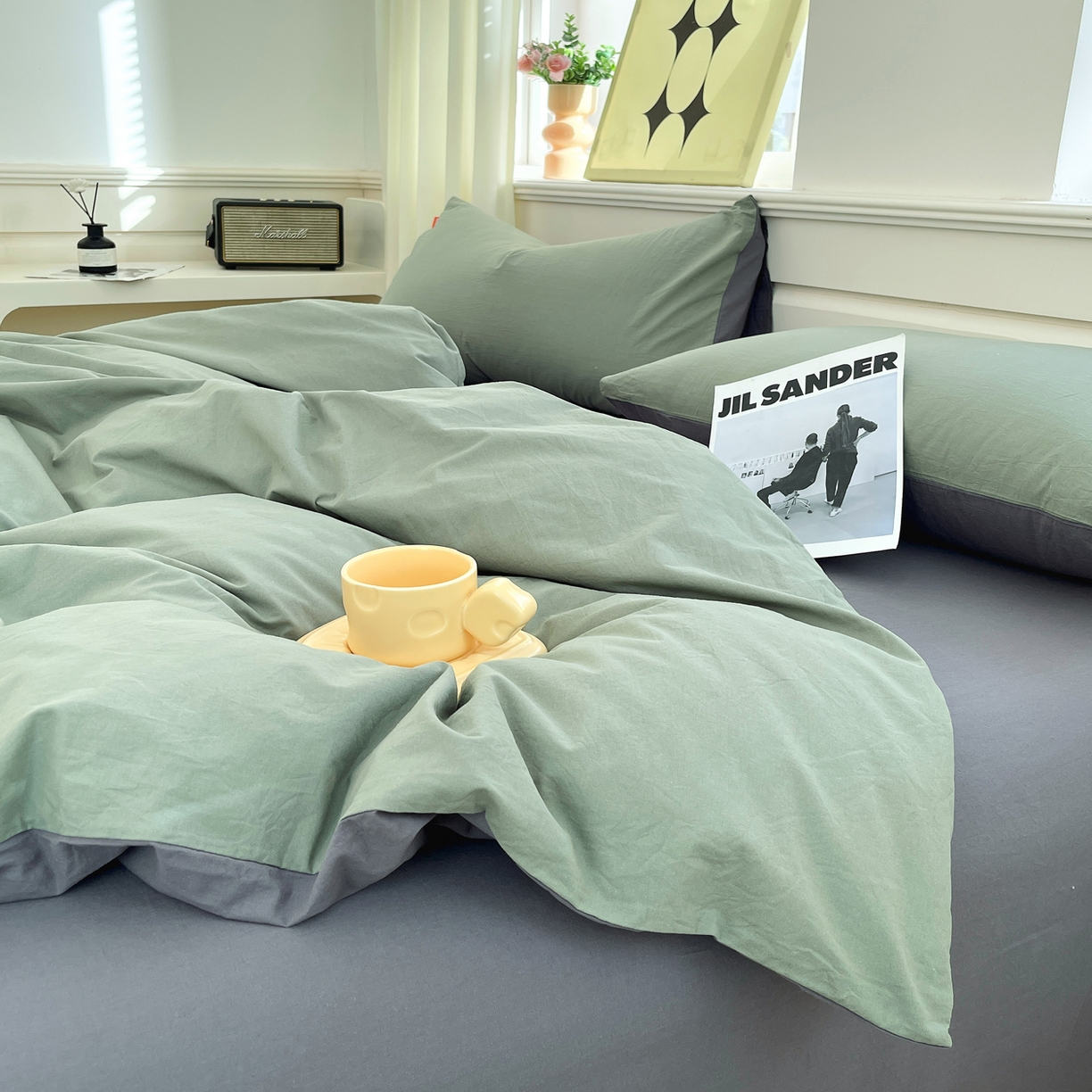 91家纺网 家纺一手货源 找家纺 春皖家纺 2026春夏新款双拼全棉纯棉水洗棉四件套 墨绿-深灰