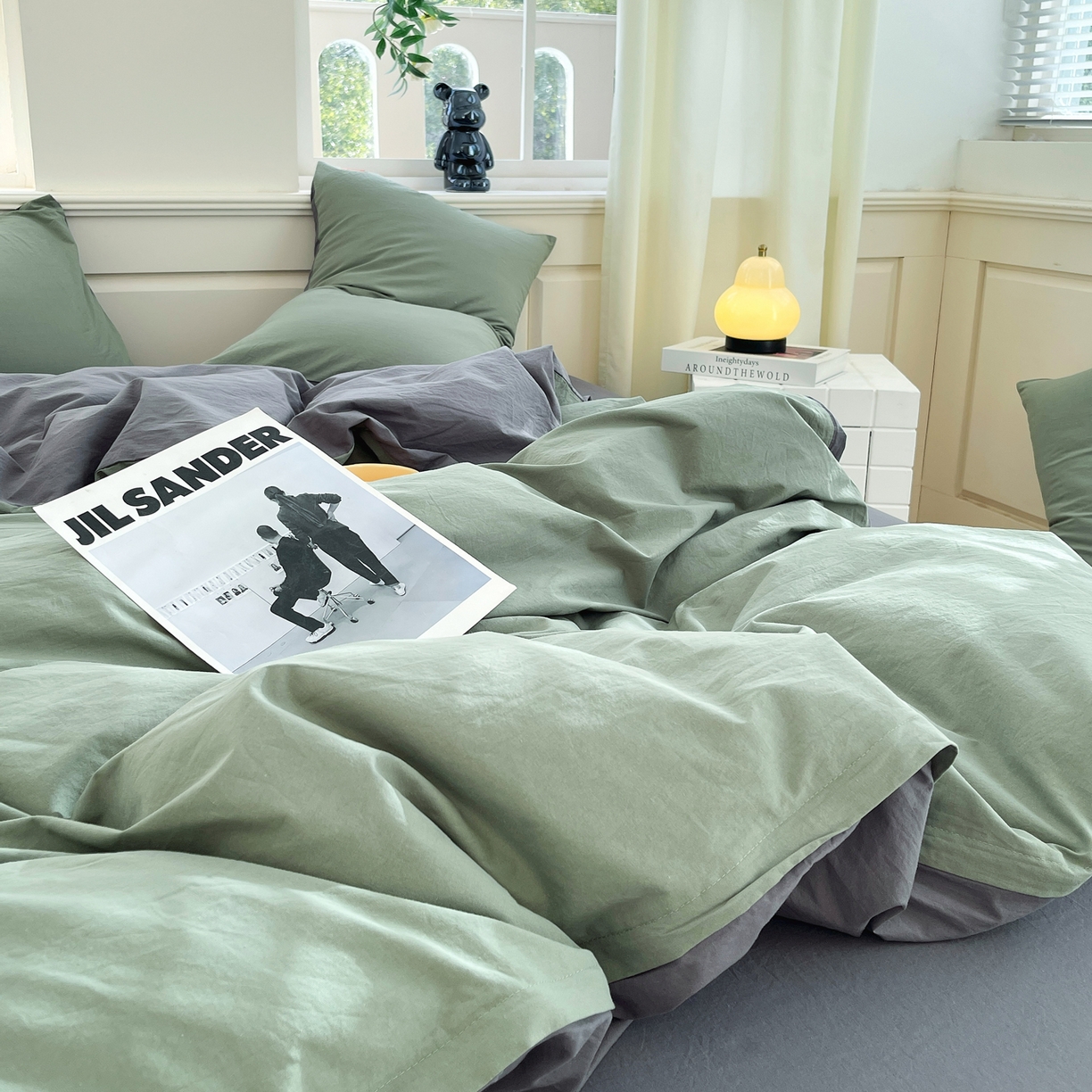 91家纺网 家纺一手货源 找家纺 春皖家纺 2026春夏新款双拼全棉纯棉水洗棉四件套 墨绿-深灰