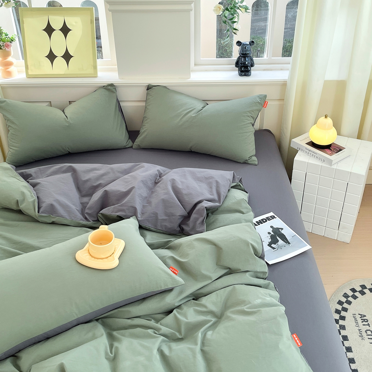 91家纺网 家纺一手货源 找家纺 春皖家纺 2026春夏新款双拼全棉纯棉水洗棉四件套 墨绿-深灰