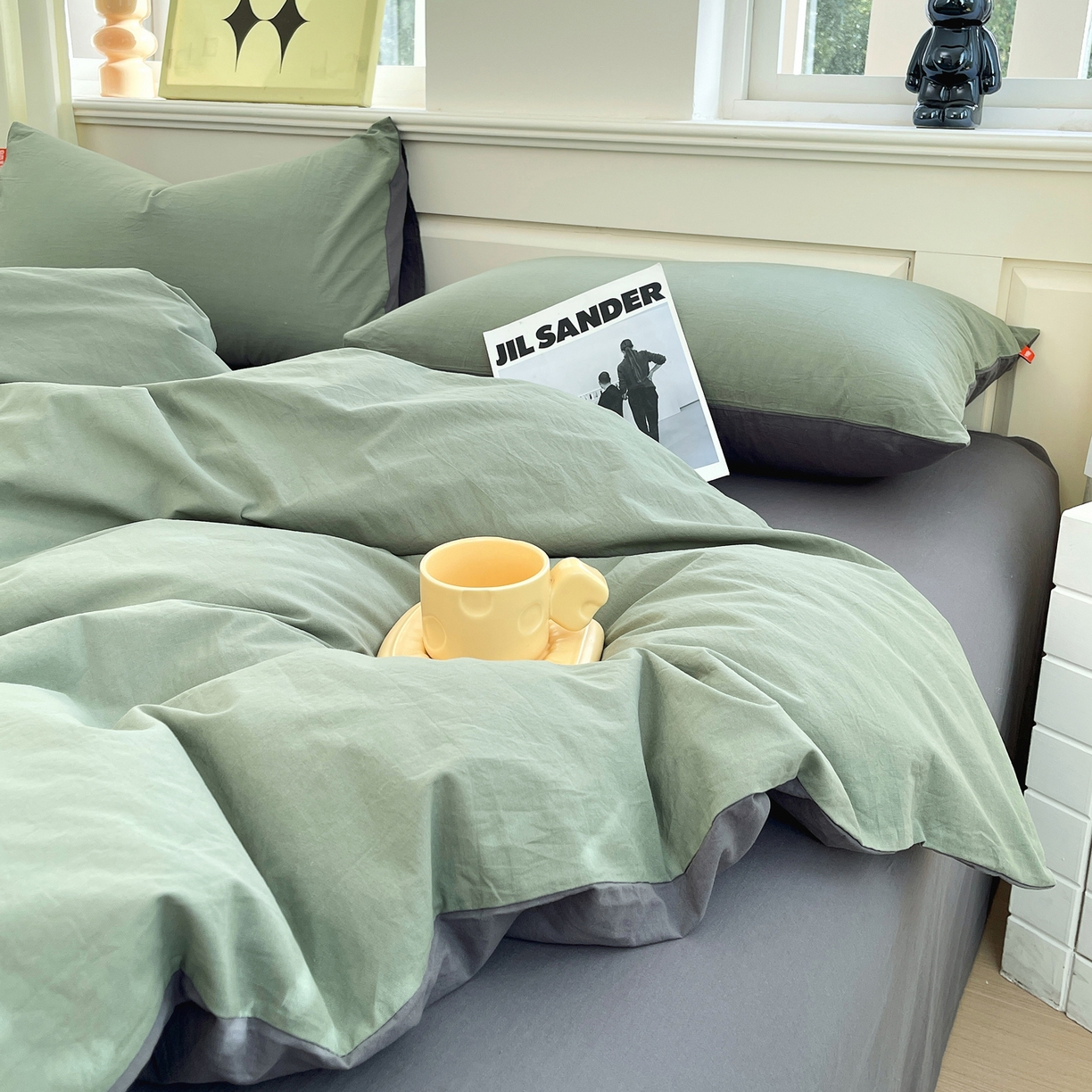 91家纺网 家纺一手货源 找家纺 春皖家纺 2026春夏新款双拼全棉纯棉水洗棉四件套 墨绿-深灰