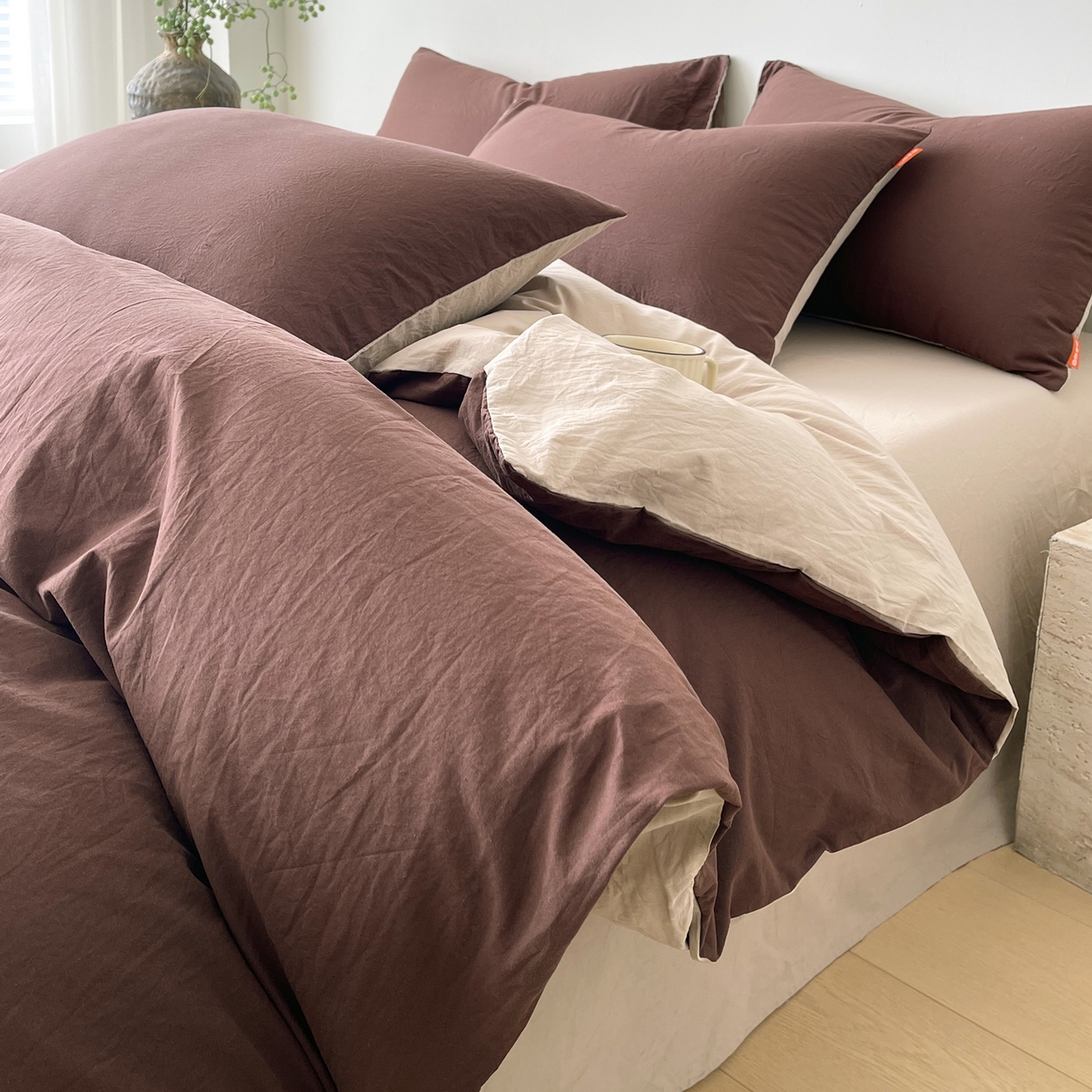 春皖家纺 2026春夏新款双拼全棉纯棉水洗棉四件套 慕斯棕-卡其