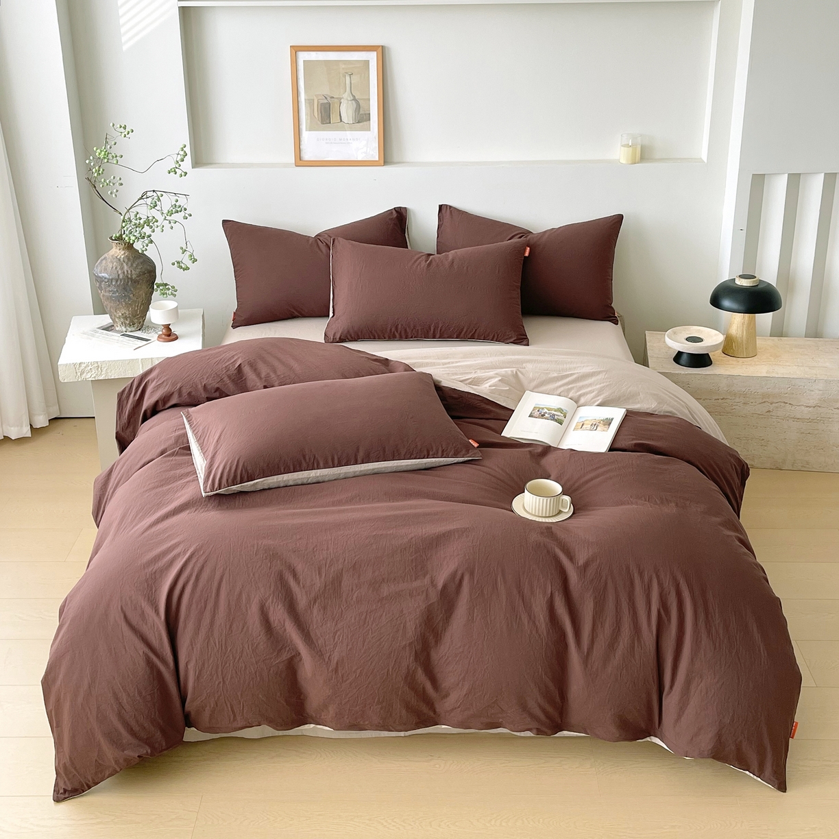 91家纺网 家纺一手货源 找家纺 春皖家纺 2026春夏新款双拼全棉纯棉水洗棉四件套 慕斯棕-卡其